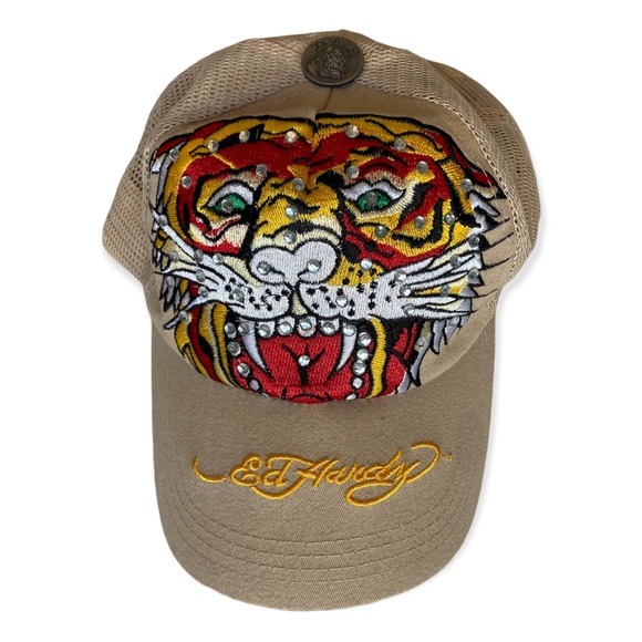 Ed Hardy Other - Christian Audigier × Ed Hardy Vintage Tiger Embroidered Mesh Bedazzled Beige Cap